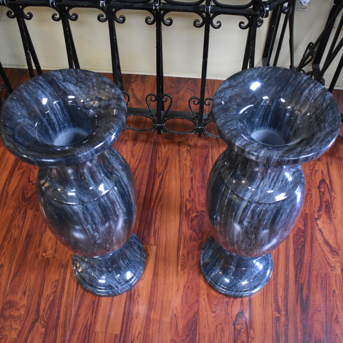 Pair Palace Size Black Marble Vases