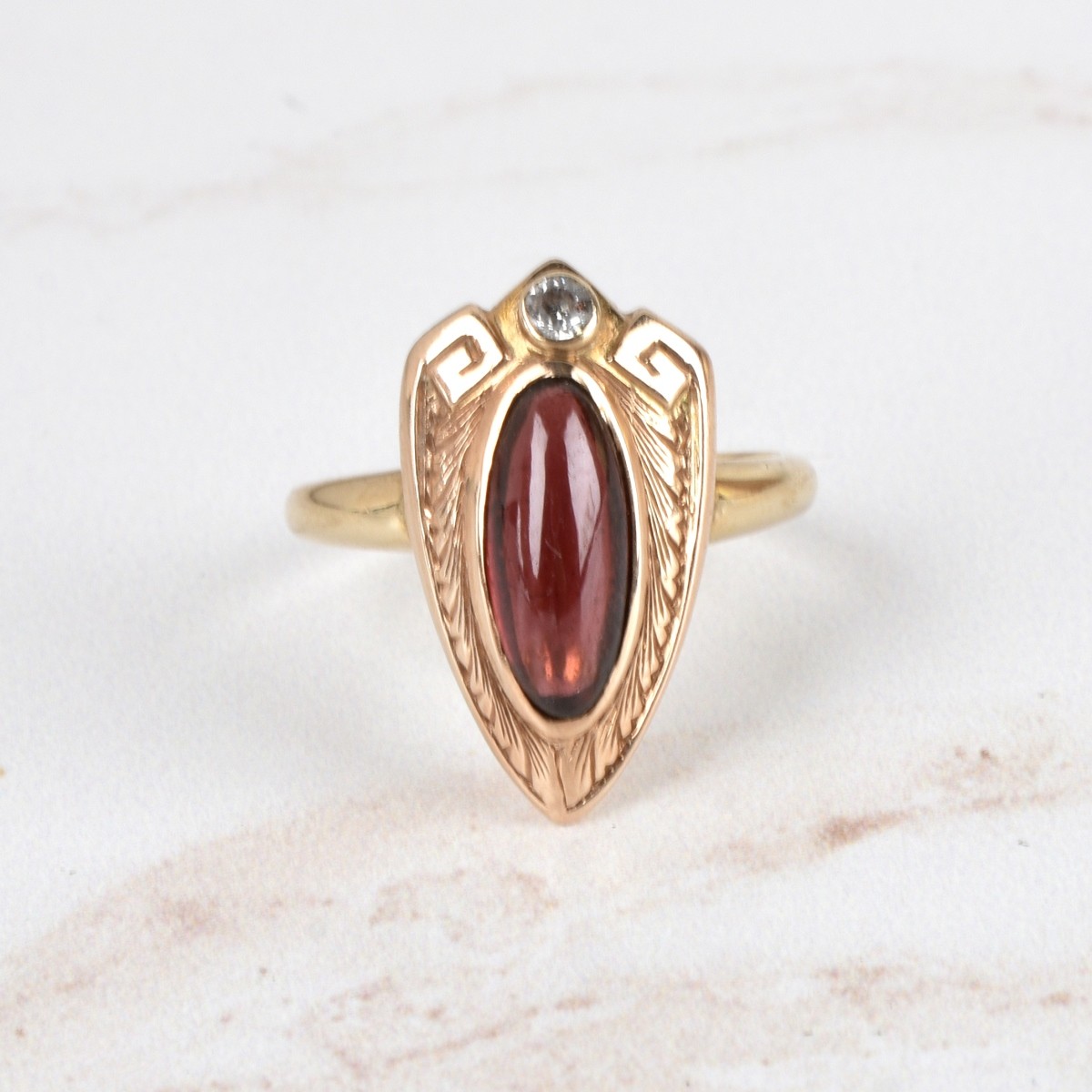 Art Nouveau Garnet, Diamond and 14K Ring