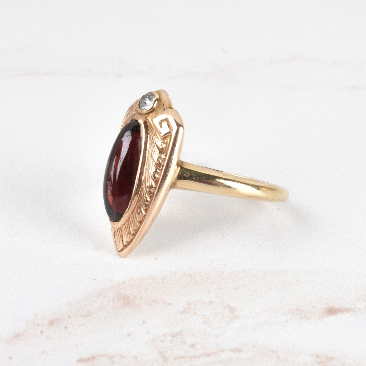 Art Nouveau Garnet, Diamond and 14K Ring