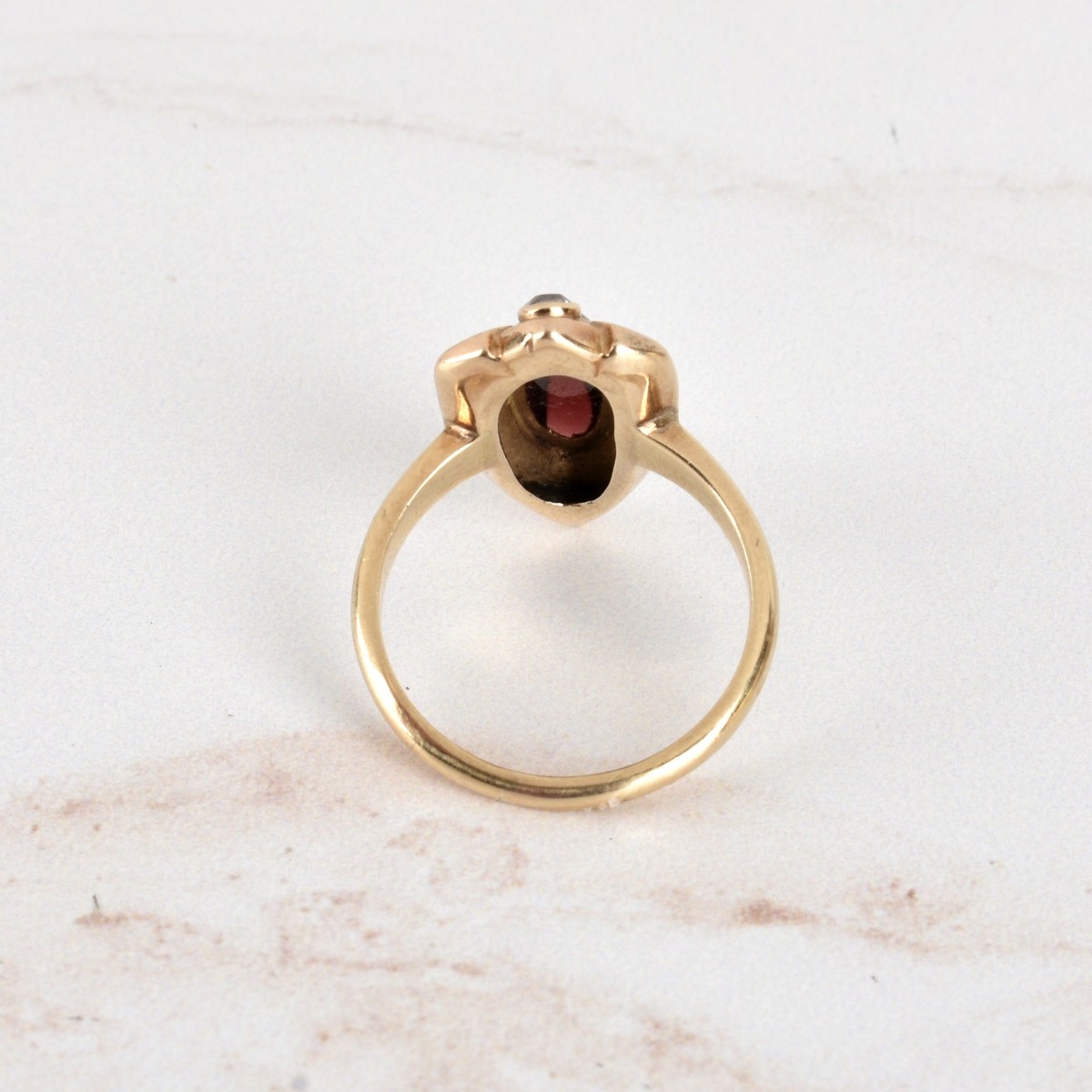 Art Nouveau Garnet, Diamond and 14K Ring