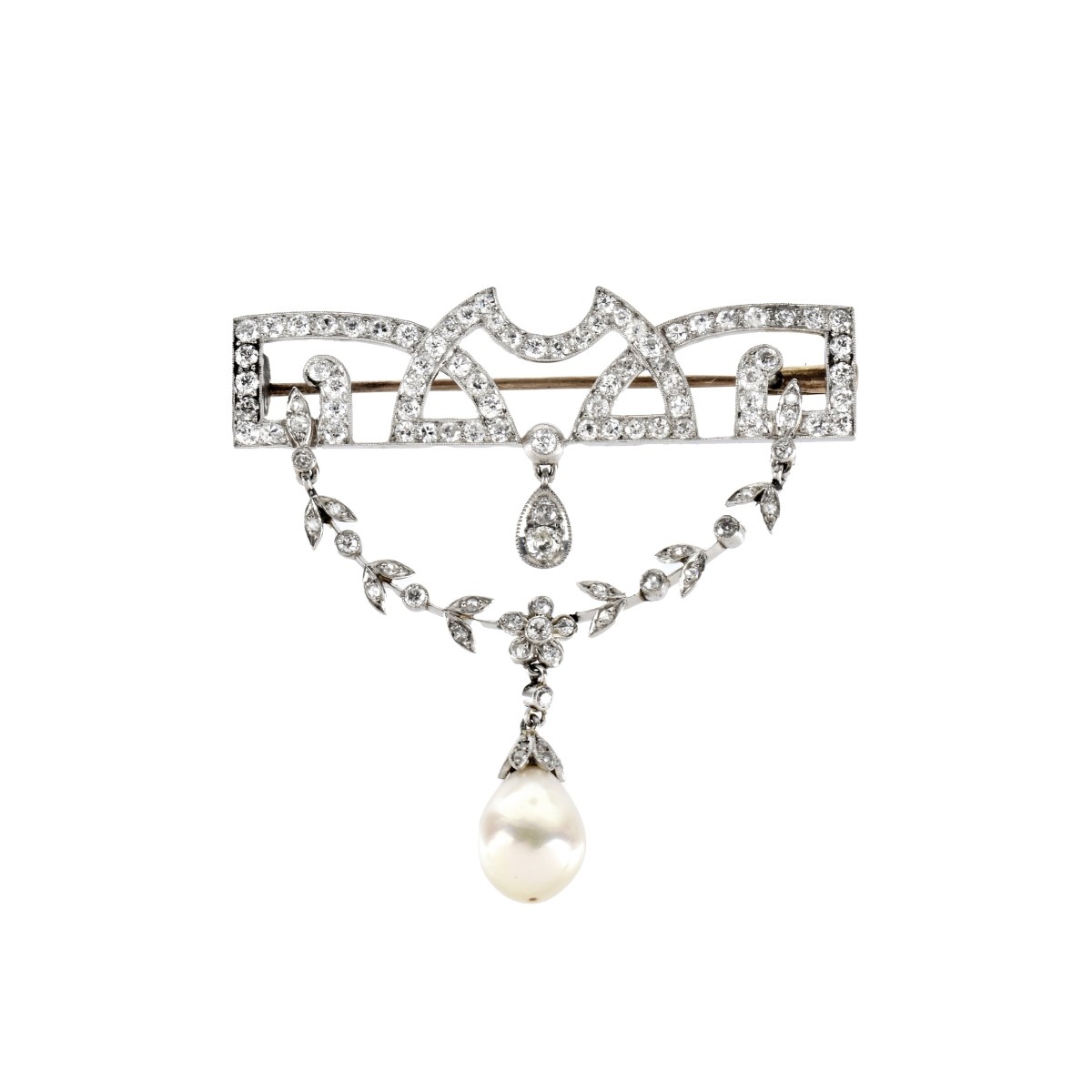 Deco Diamond, Pearl and Platinum Brooch