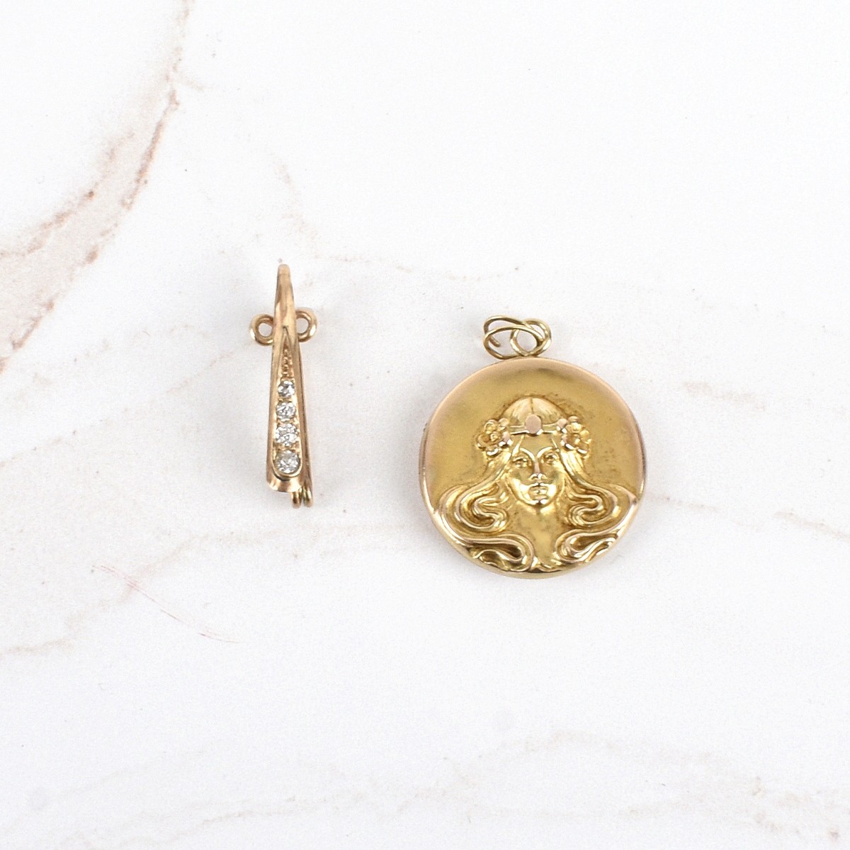 Art Nouveau 14K and Diamond Cameo Pendant