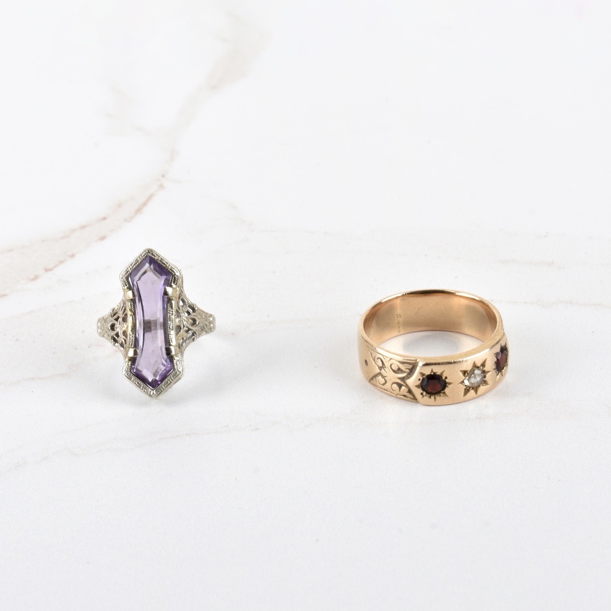 Two Antique 14K and Gemstone Rings