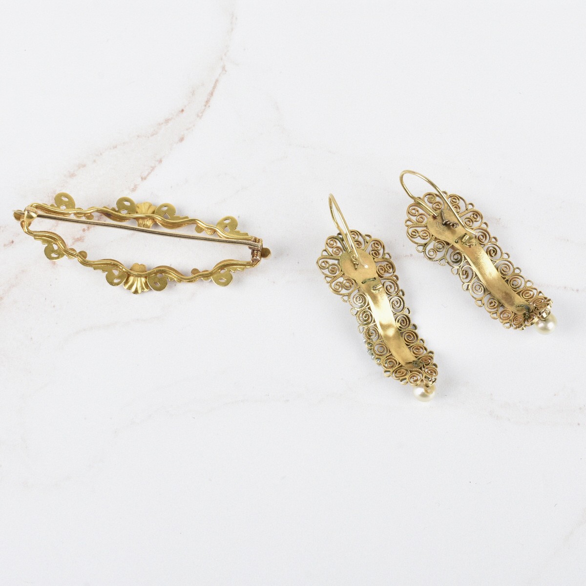 Antique 14K and Pearl Earrings and Pin