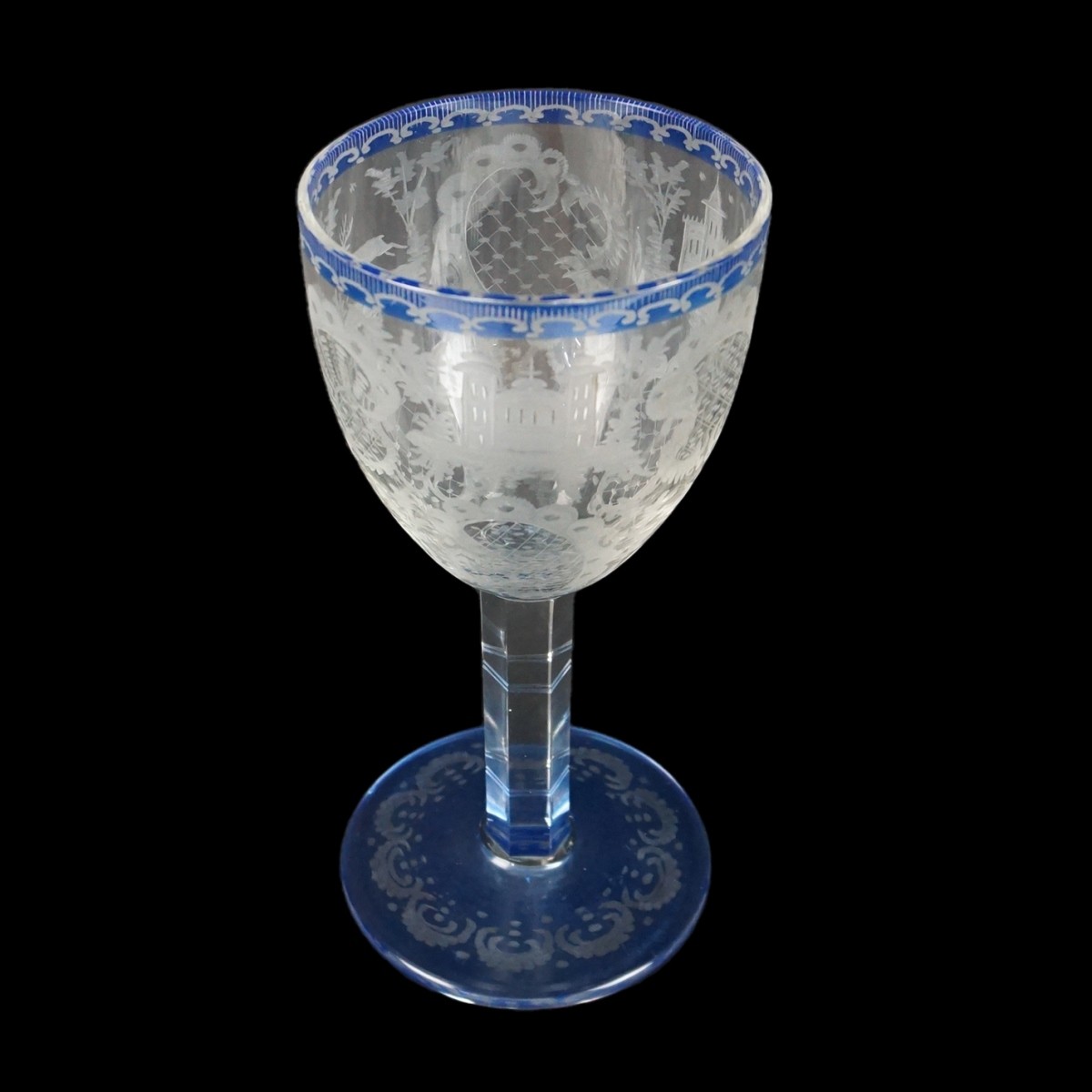 Continental Etched Blue to Clear Glass Goblet