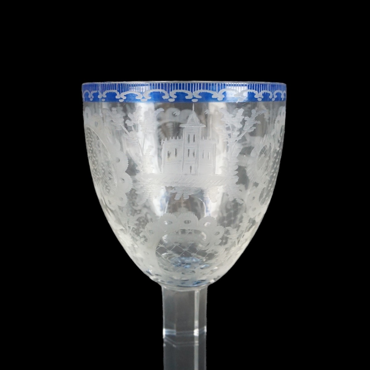 Continental Etched Blue to Clear Glass Goblet
