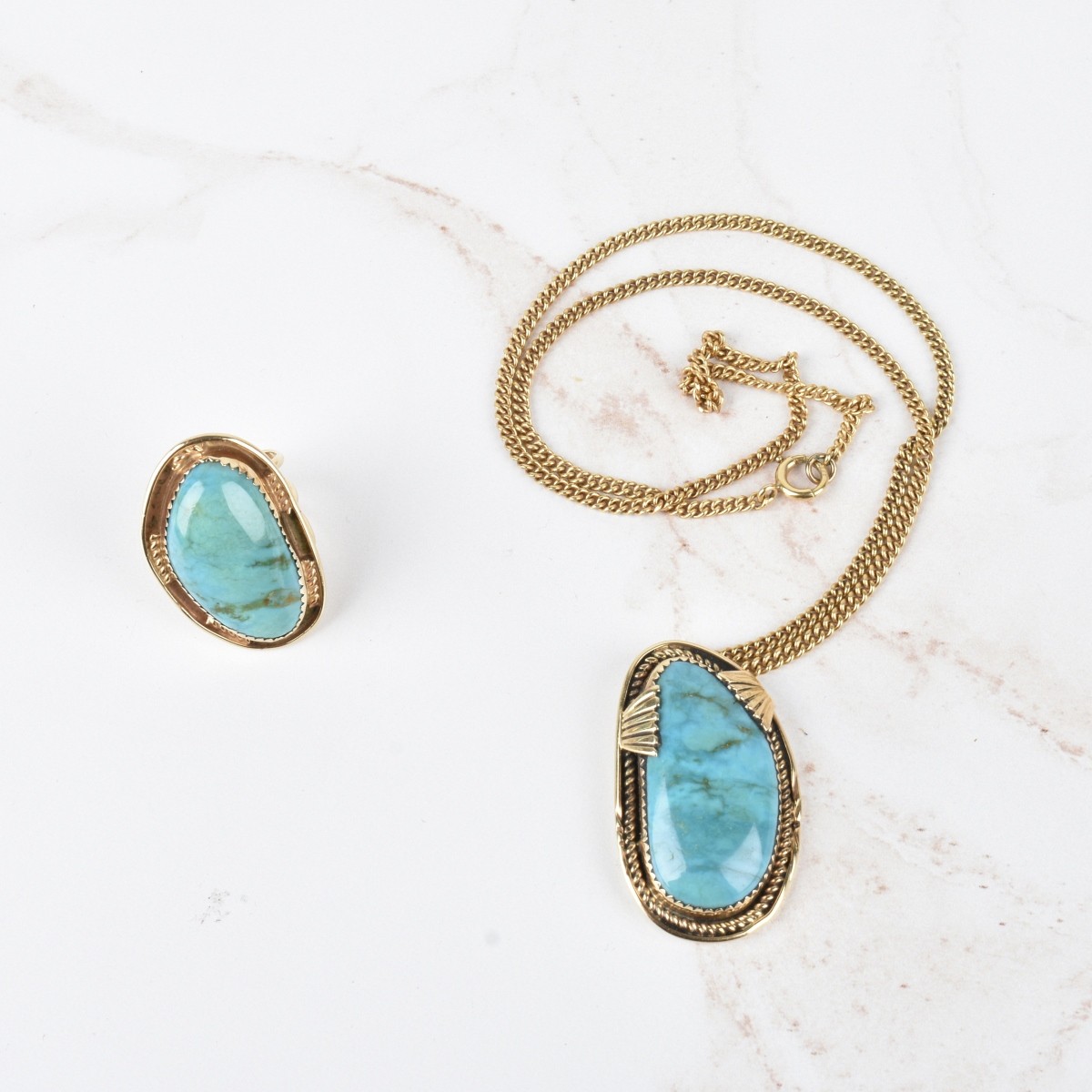 Turquoise and 14K Ring and Necklace