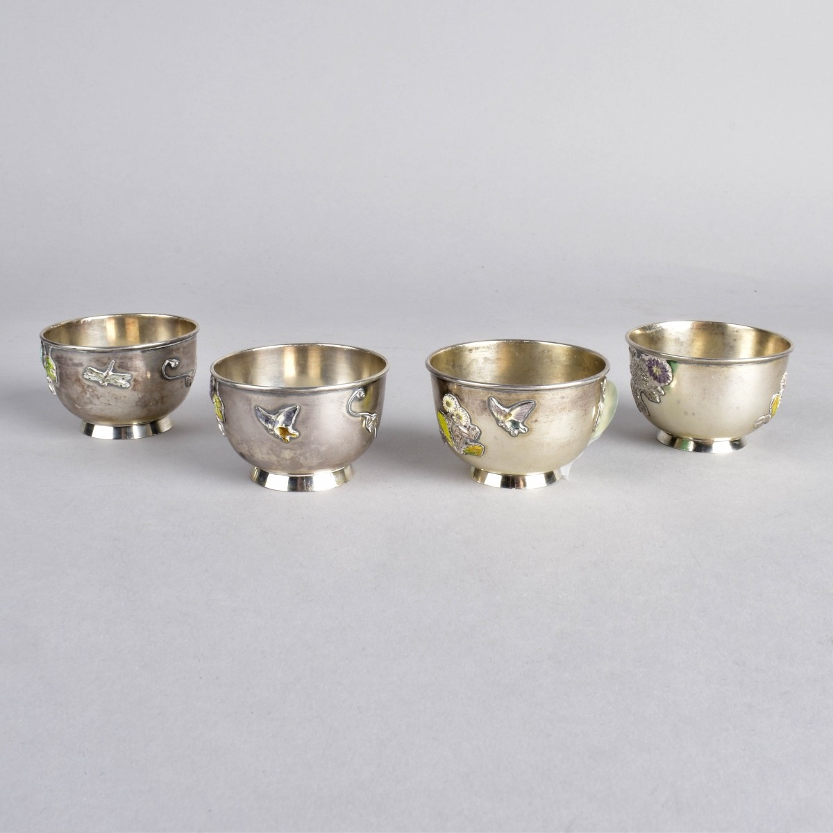 Set of Four Sanju Saku Sterling Sake Cups