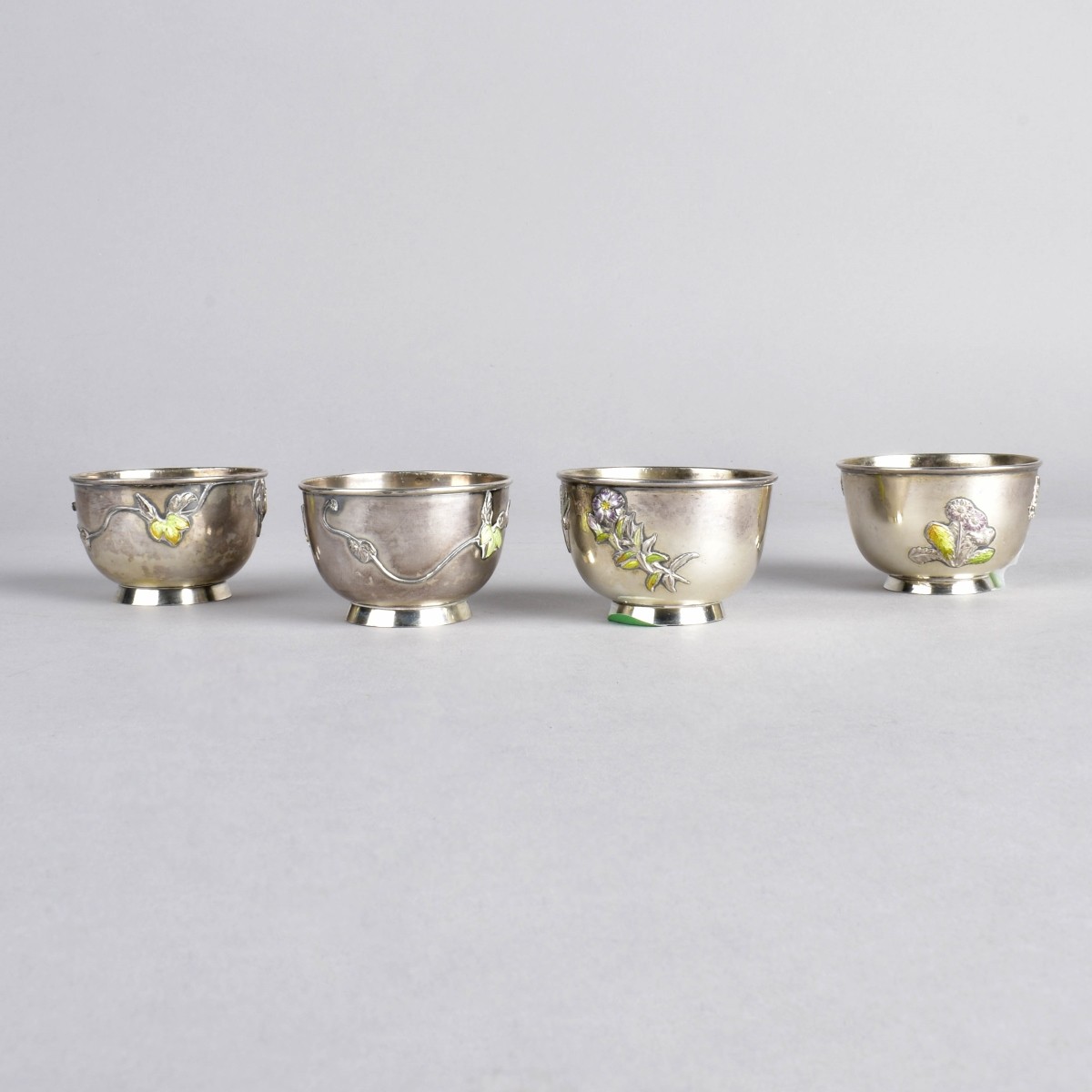 Set of Four Sanju Saku Sterling Sake Cups