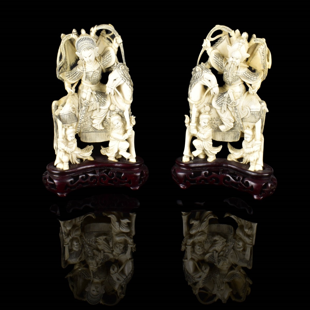 Pair of Chinese Carved Warriors on Horseback