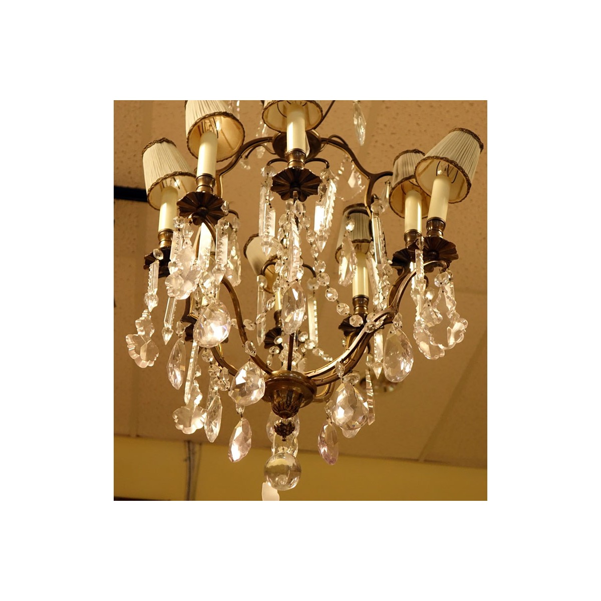 Mid Century Crystal & Brass Eight Light Chandlier