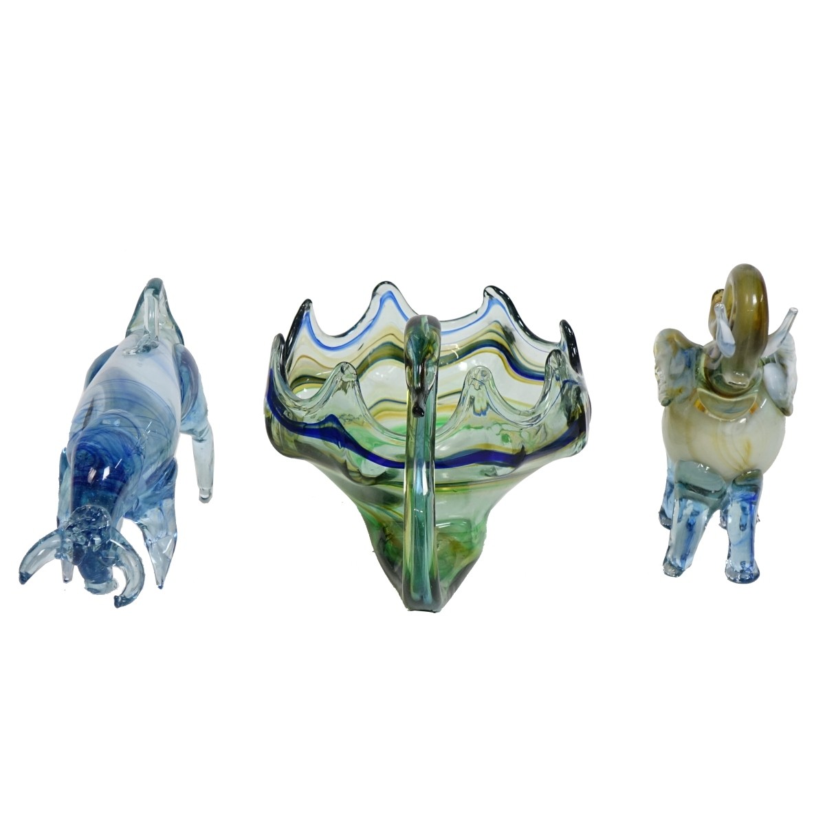 Three Art Glass Figurines, Swan, Bull, Elephant