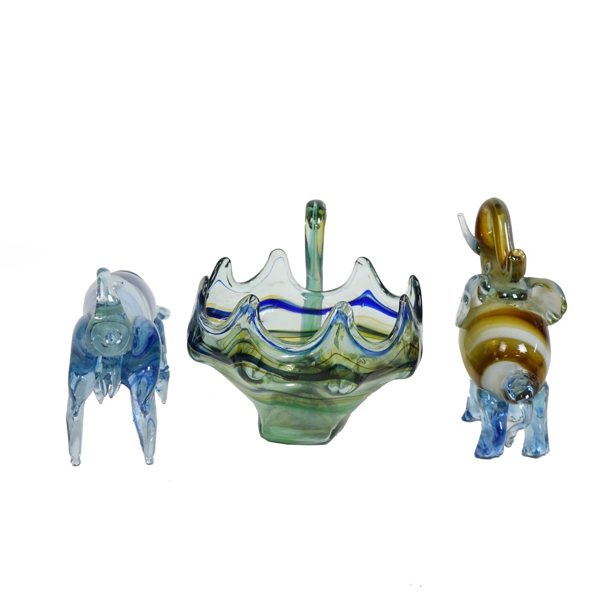 Three Art Glass Figurines, Swan, Bull, Elephant