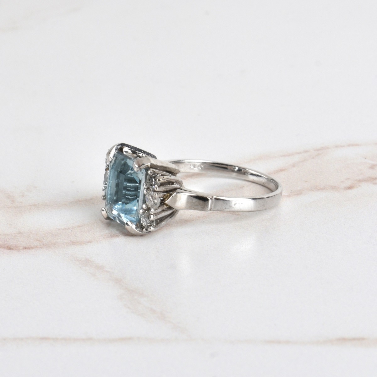 Aquamarine, Diamond and Platinum Ring