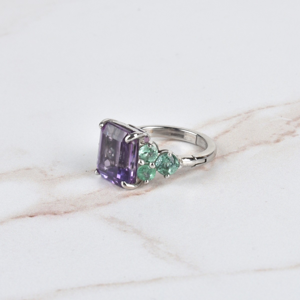 Amethyst, Emerald and Platinum Ring