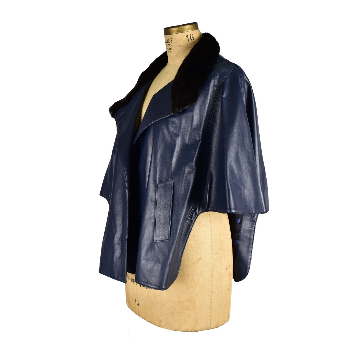 Italian Blue Leather Cape w/ Sable Collar