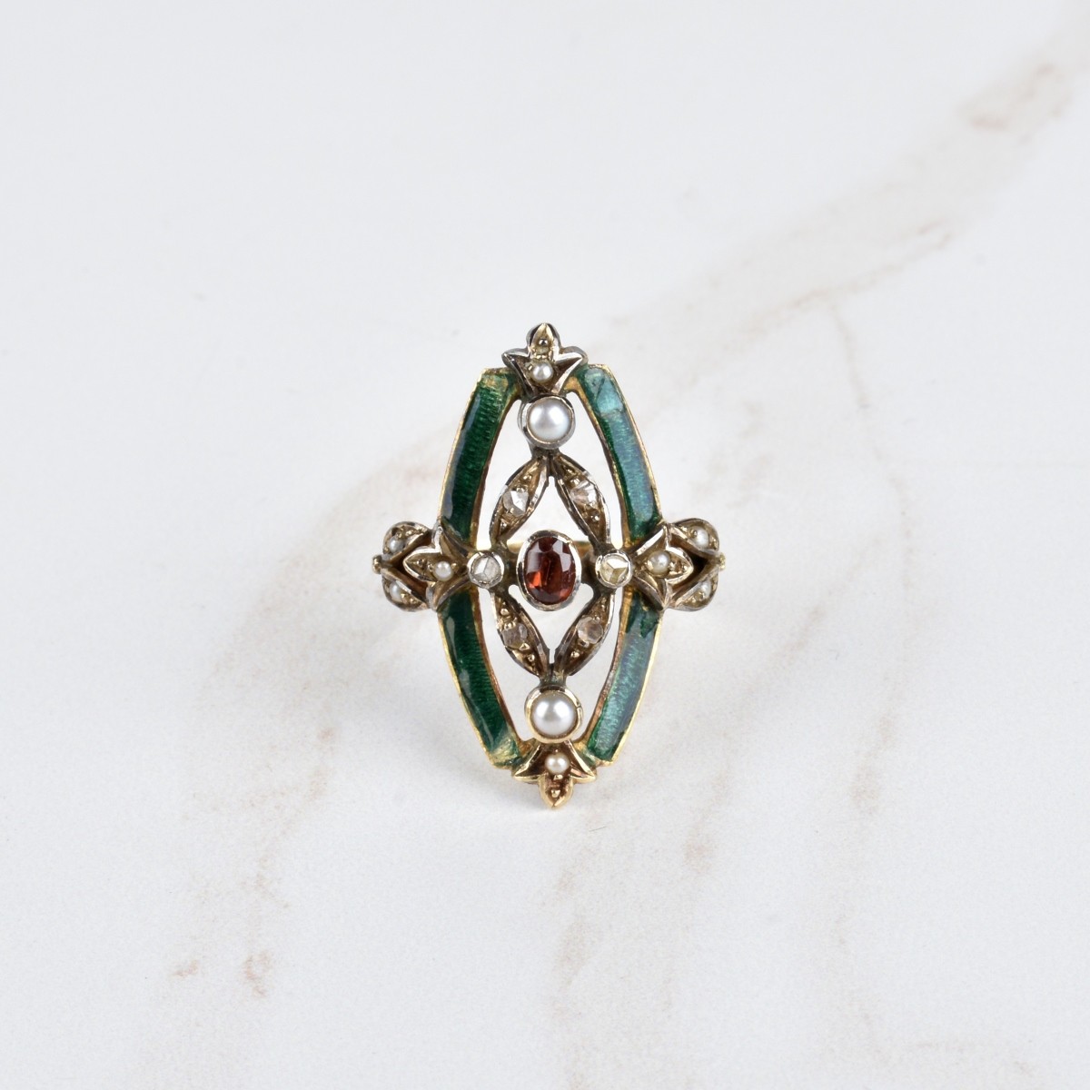 Antique Gemstone, Pearl and 18K Ring