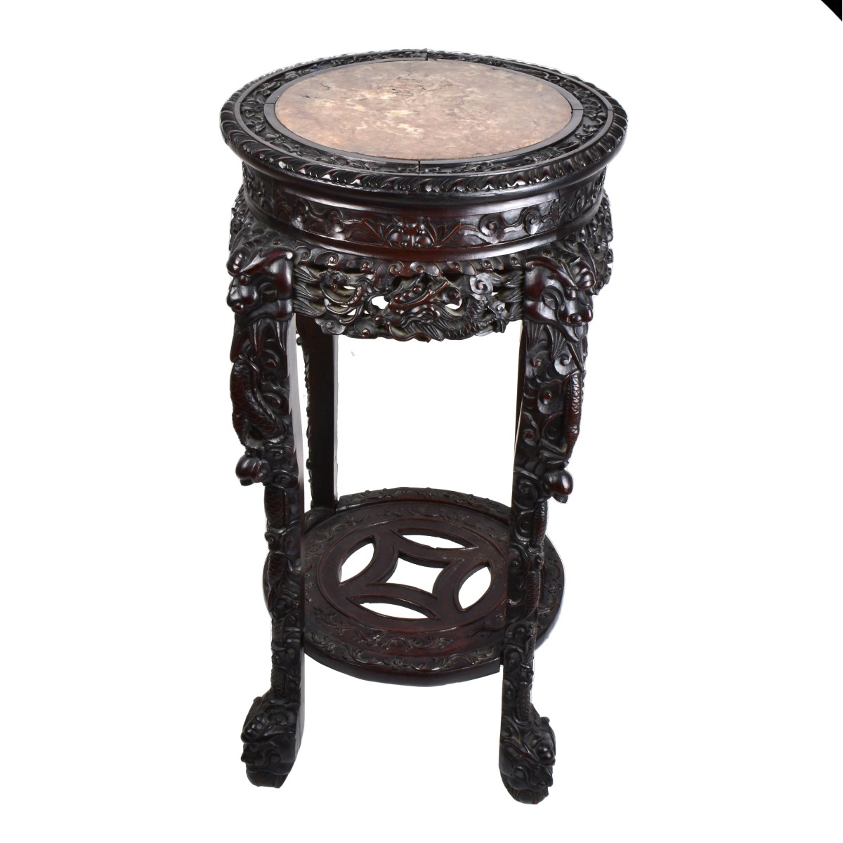 Chinese Carved Hardwood Marble Top Stand