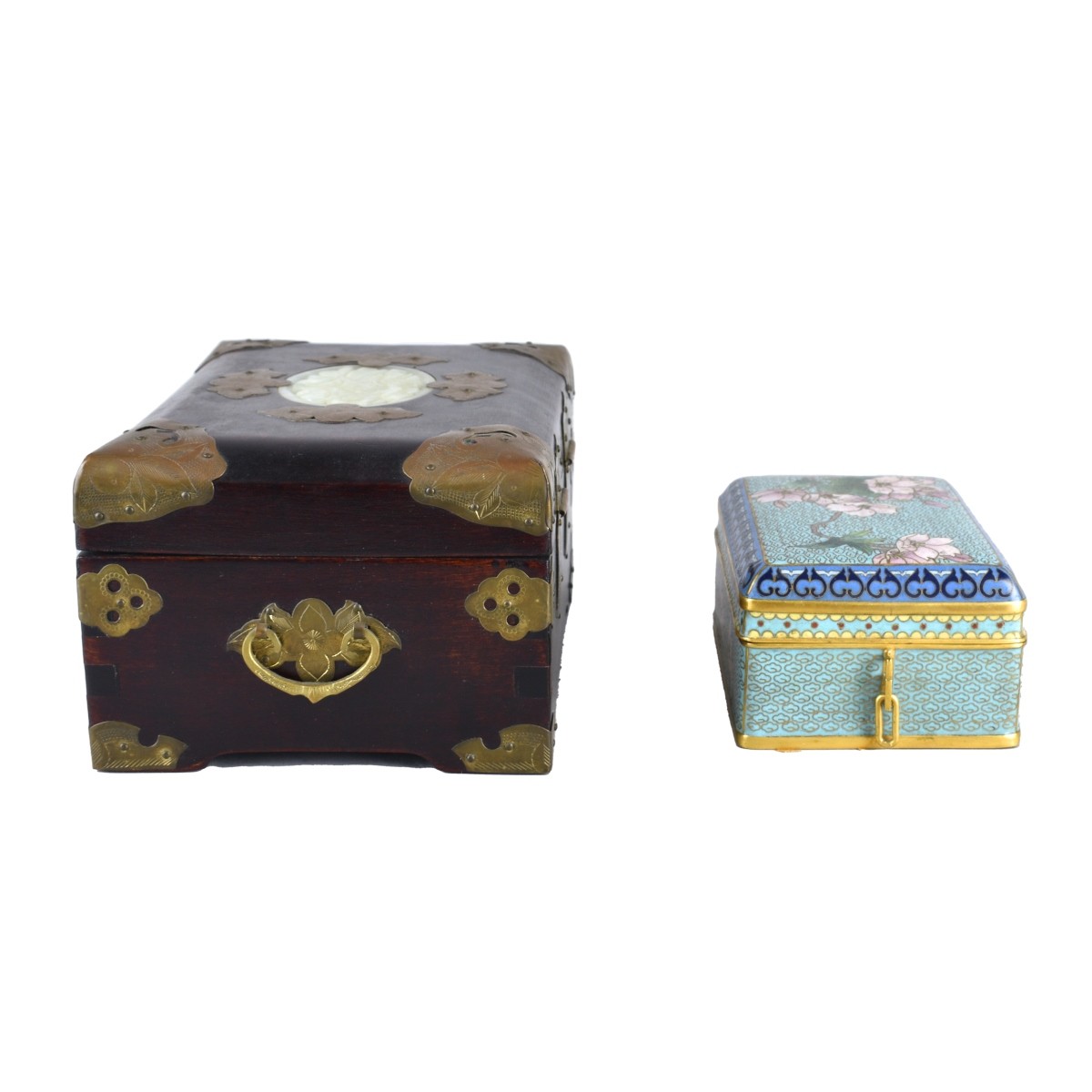 Two Chinese Dresser Boxes Cloisonne and Jade Top