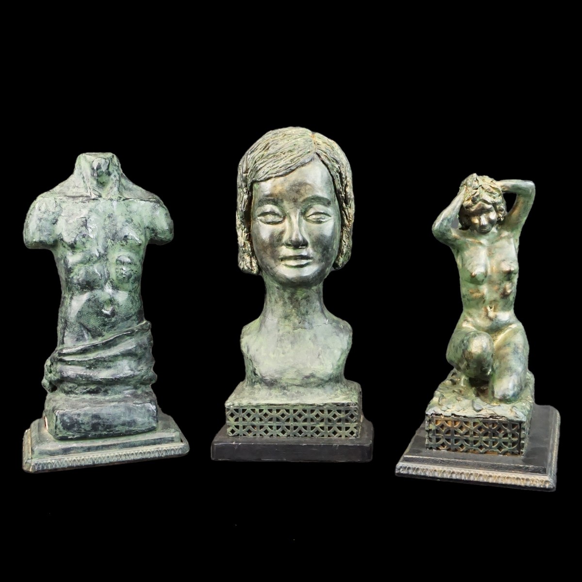 Three Bronzed Painted Terracotta Sculptures