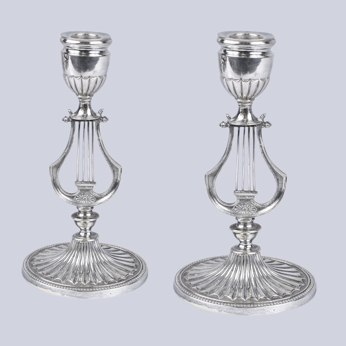 Pair of Art Nouveau Lyre Motif Candlesticks