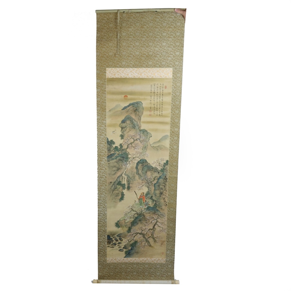 19th C. Chinese Silk Scroll w/ Bone Mounts