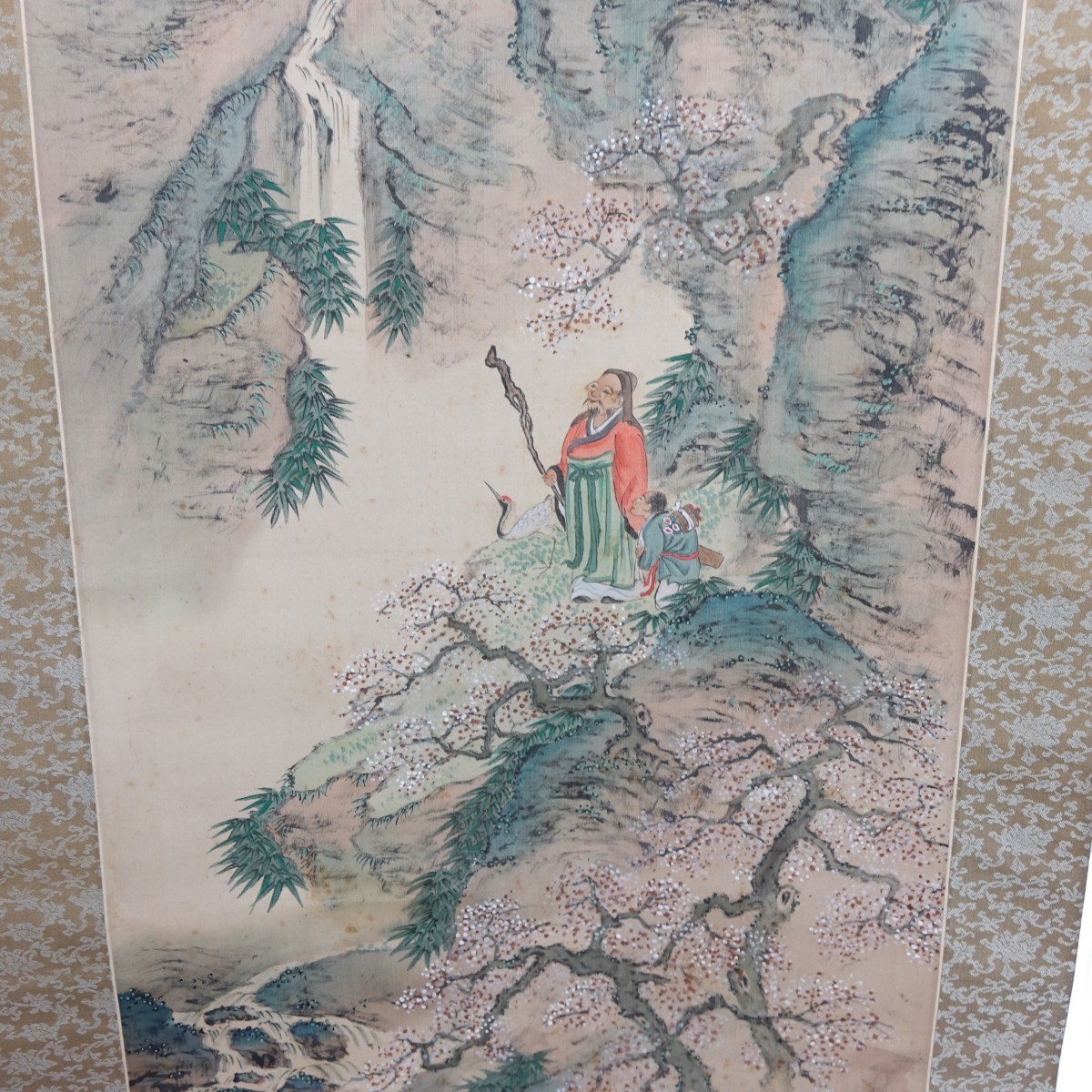 19th C. Chinese Silk Scroll w/ Bone Mounts