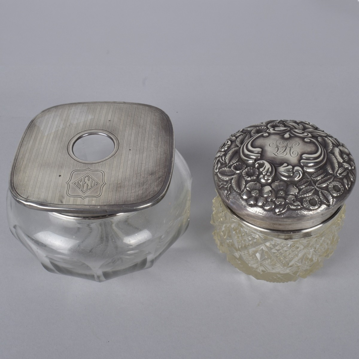 Two Vintage Sterling & Glass Powder Jars