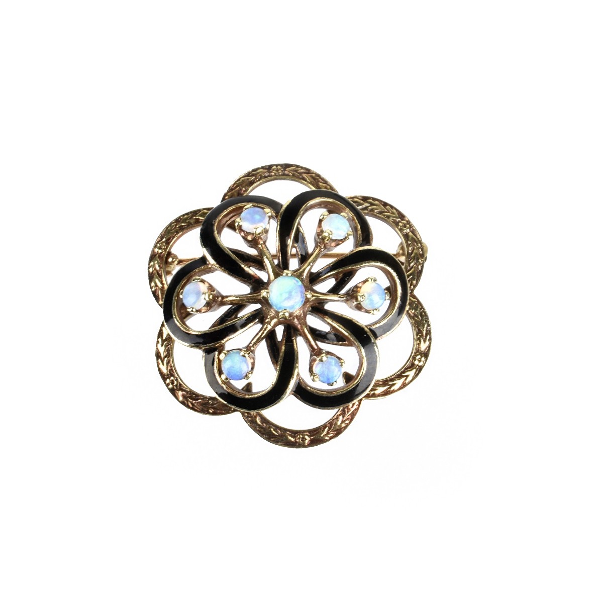 Opal, Enamel and 14K Brooch