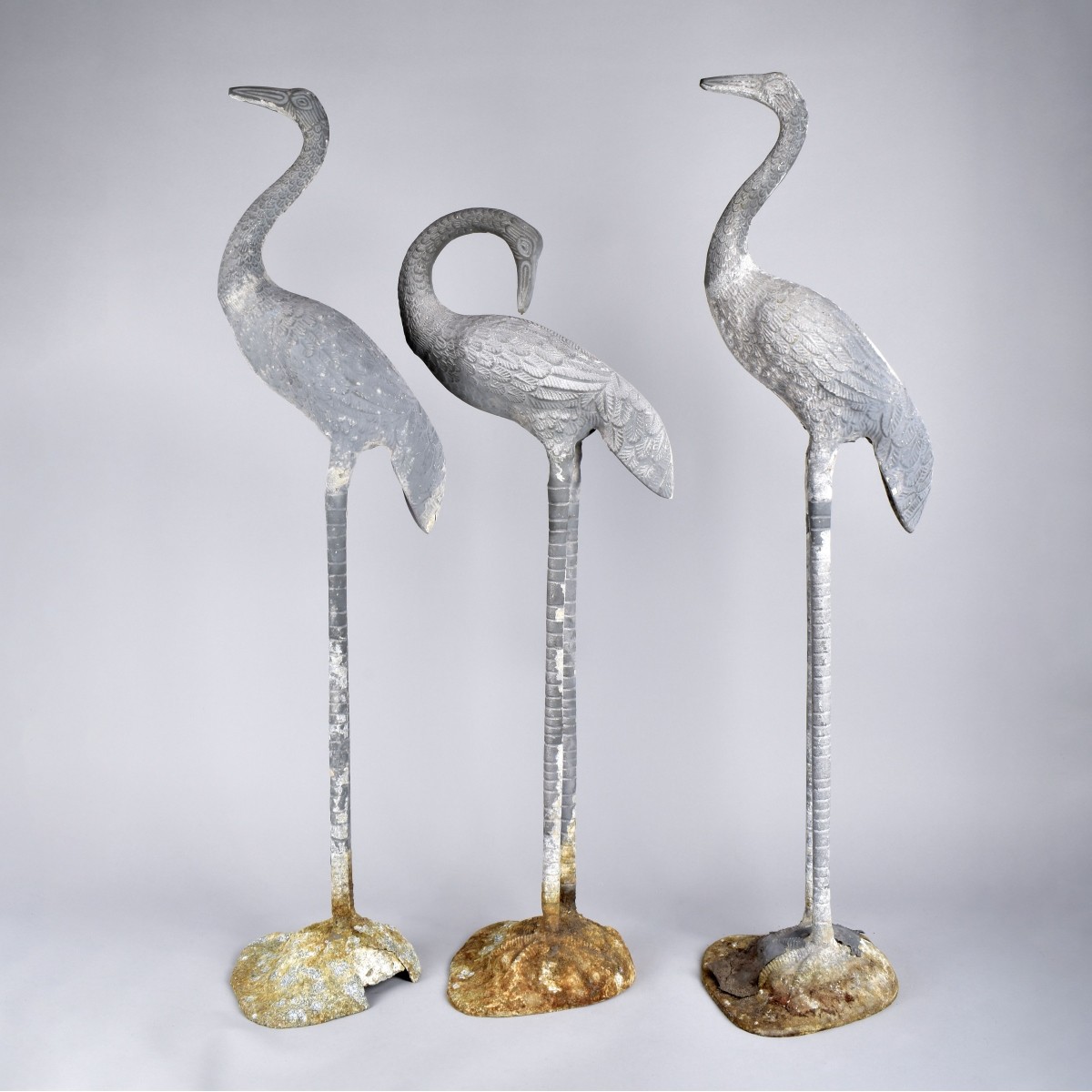 Three Metal Crane Garden Statues