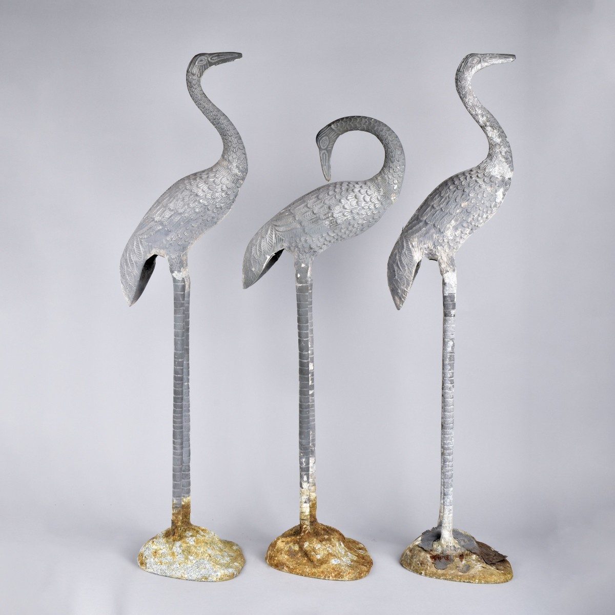 Three Metal Crane Garden Statues