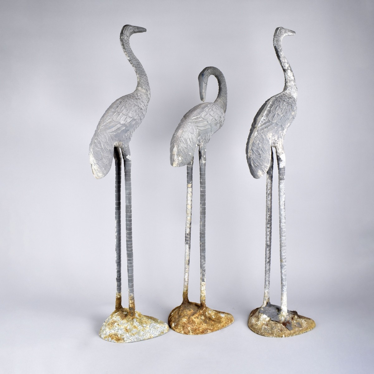 Three Metal Crane Garden Statues