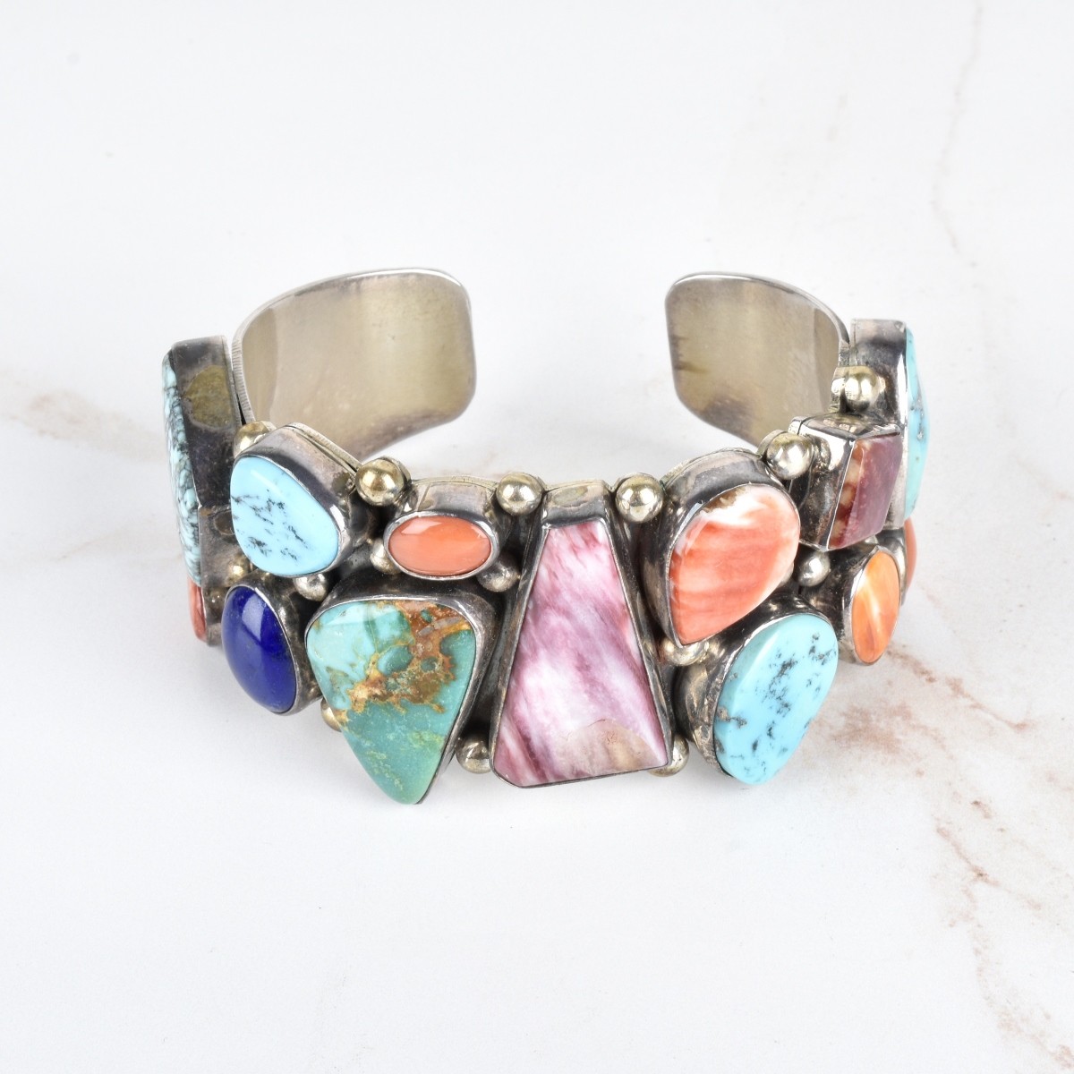 Turquoise, Hardstone and Silver Cuff Bangle