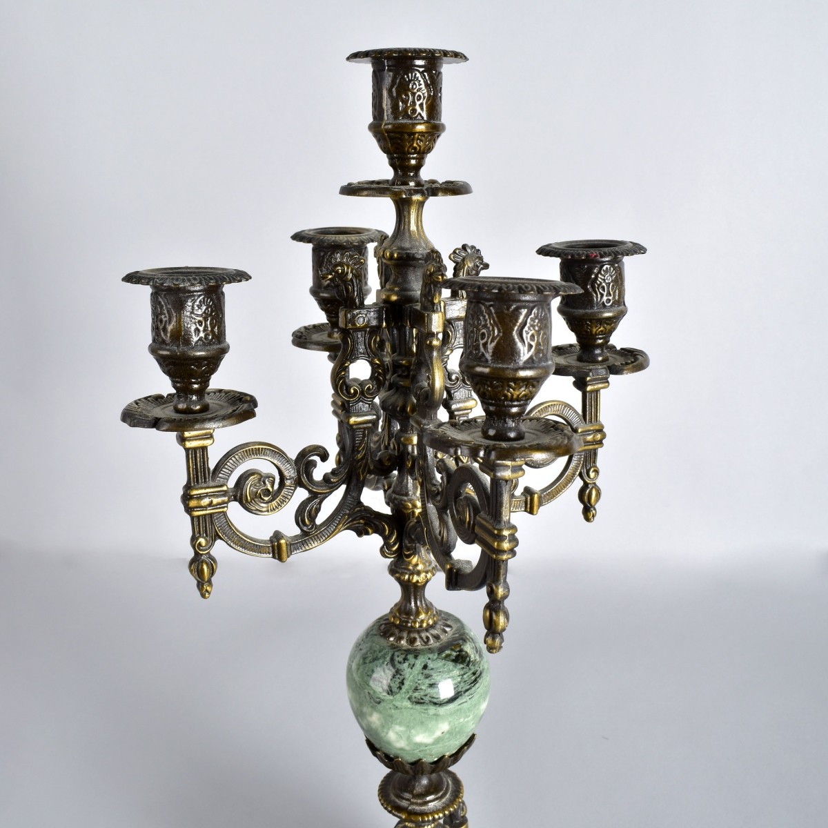 Pair Antique Style Five Light Bronze Candelabra