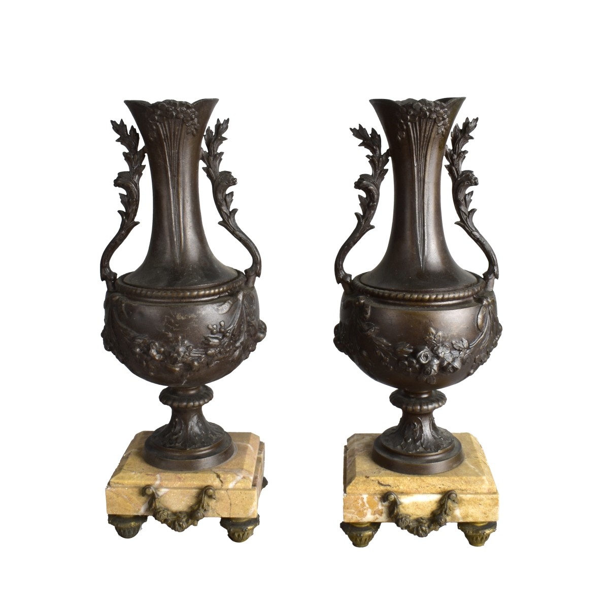 Pair of Bronze Vases on Marble Stands