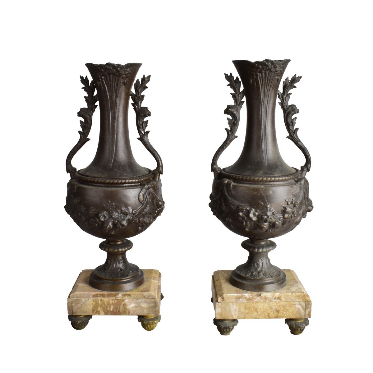 Pair of Bronze Vases on Marble Stands