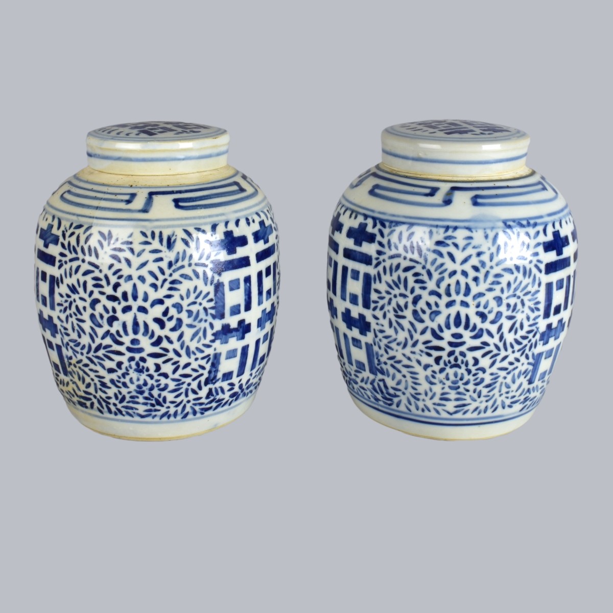 Pair Blue and White Covered Spice Jars