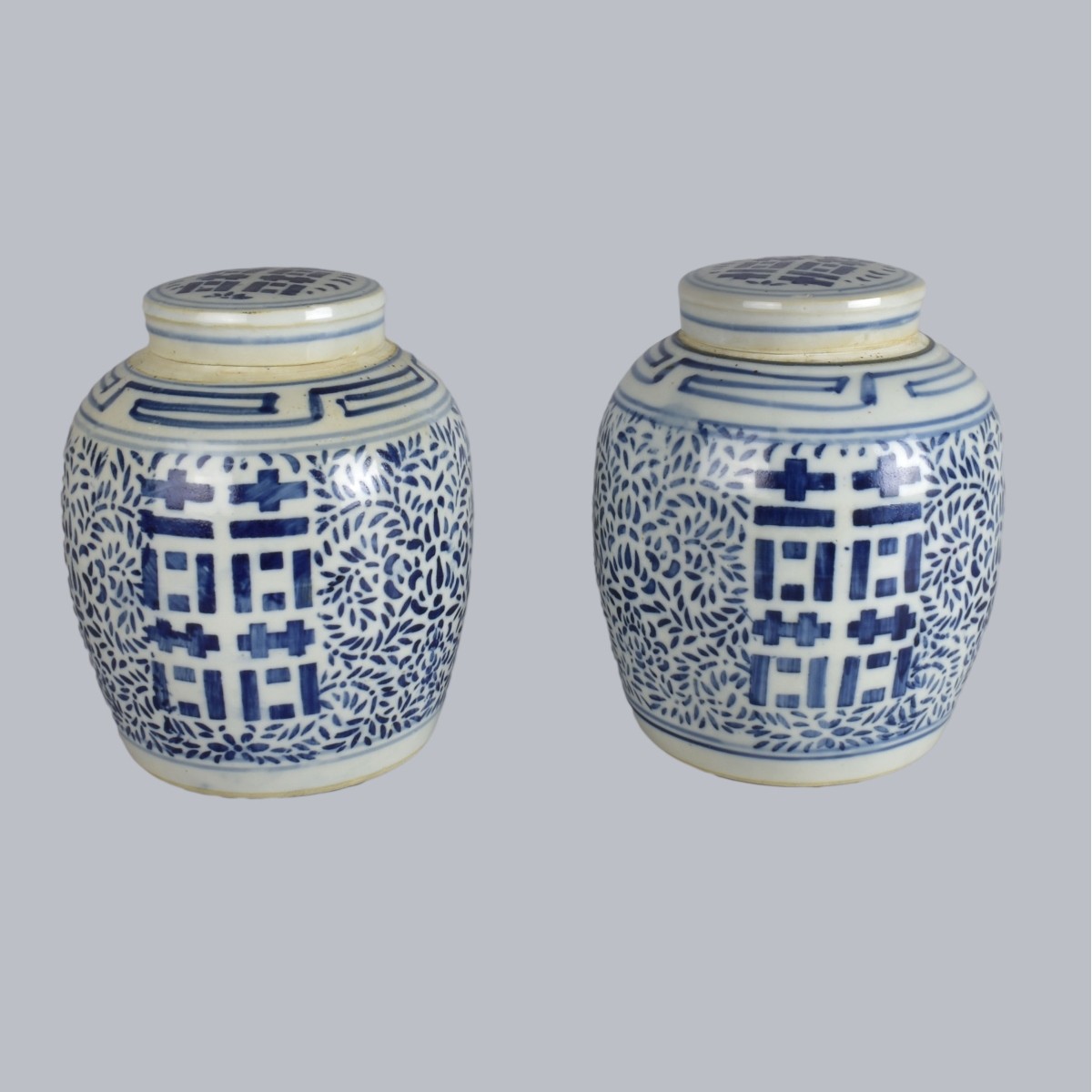 Pair Blue and White Covered Spice Jars