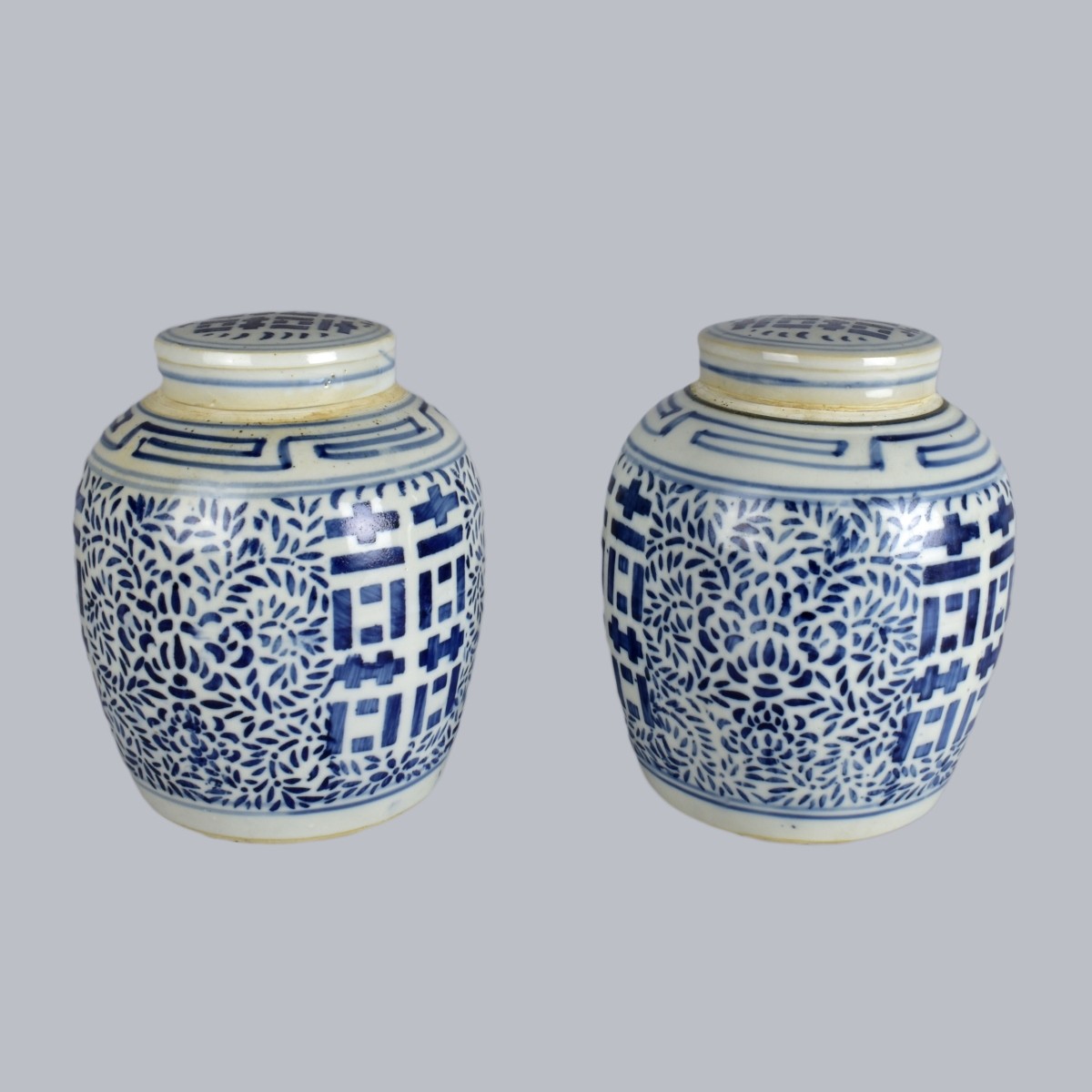 Pair Blue and White Covered Spice Jars