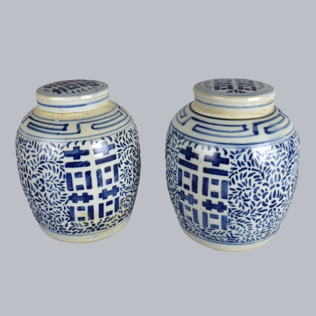 Pair Blue and White Covered Spice Jars