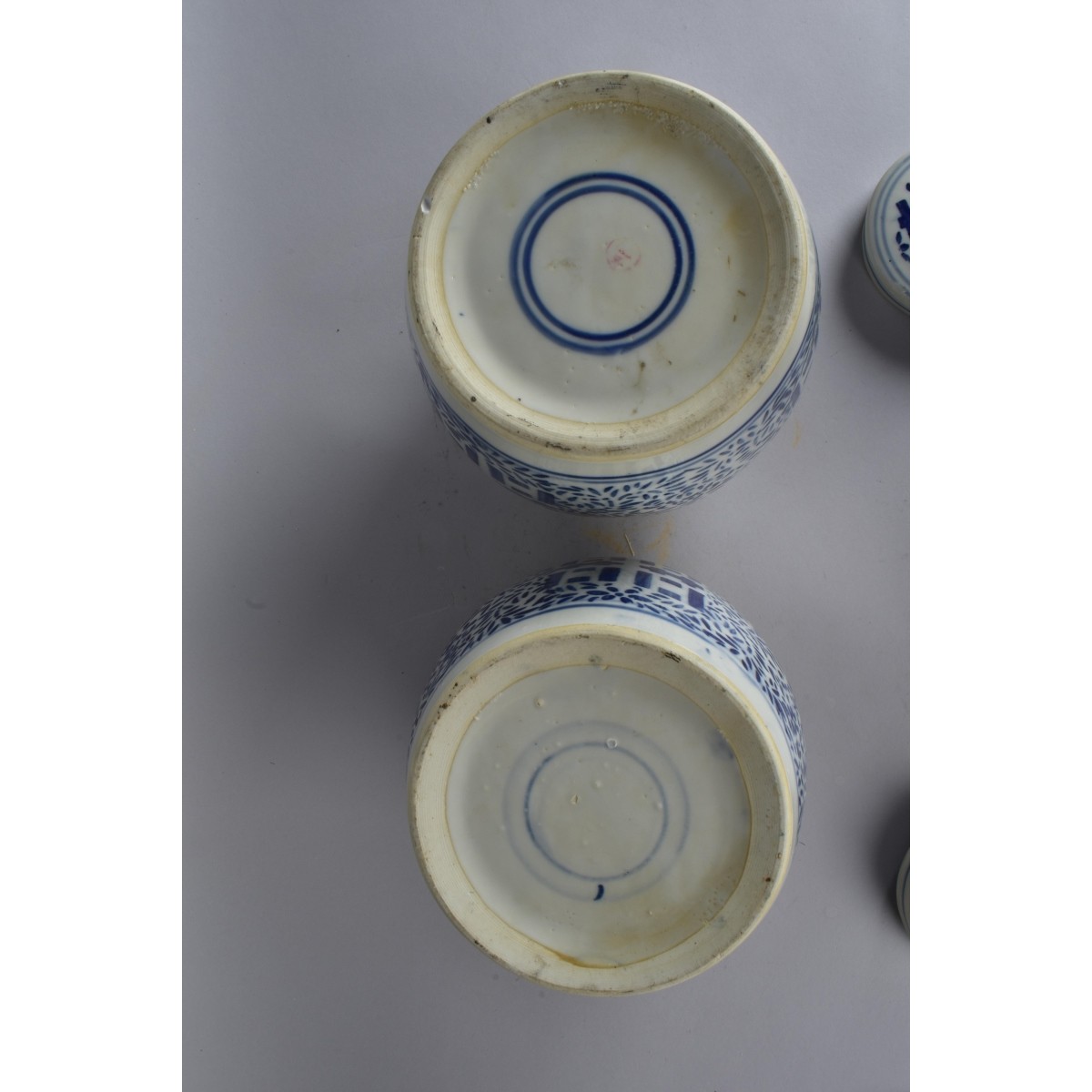 Pair Blue and White Covered Spice Jars