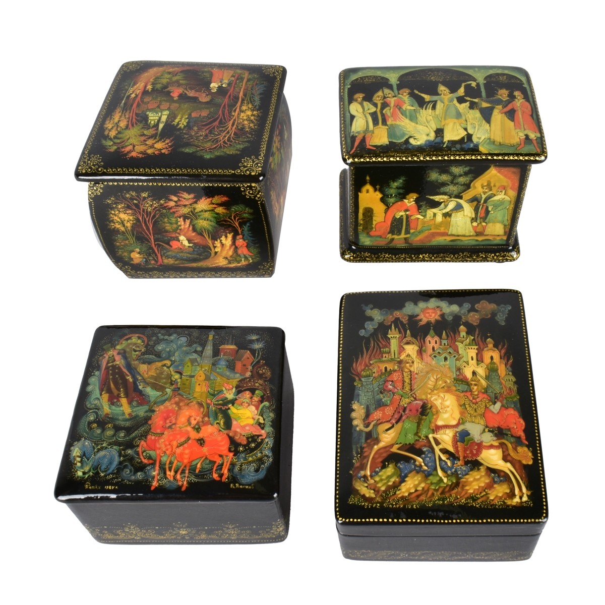 Four Vintage Russian Lacquer Miniature Boxes