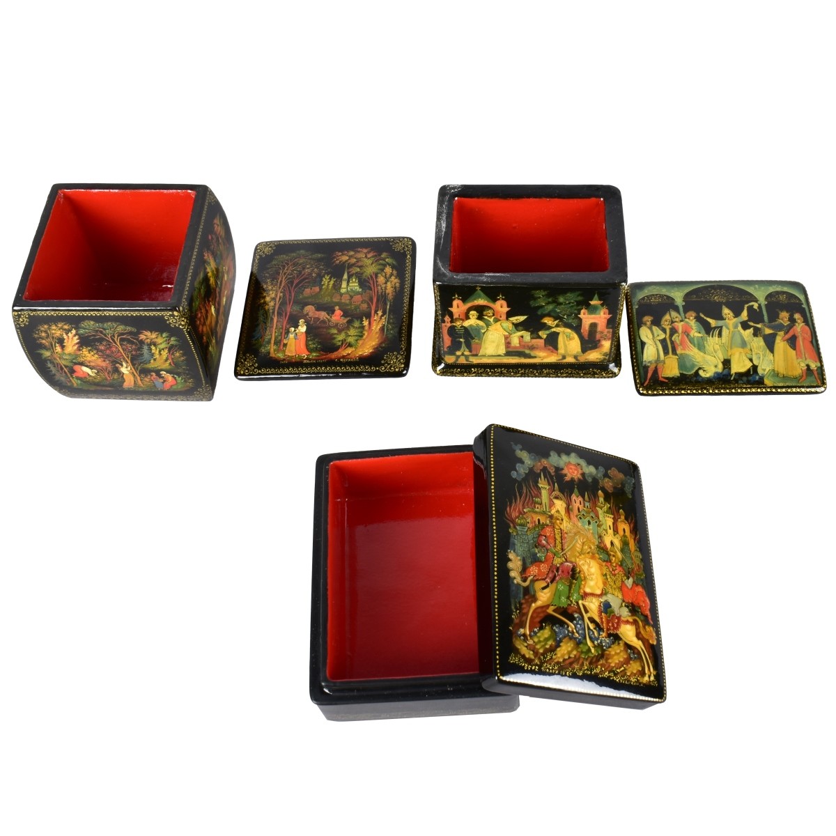 Four Vintage Russian Lacquer Miniature Boxes