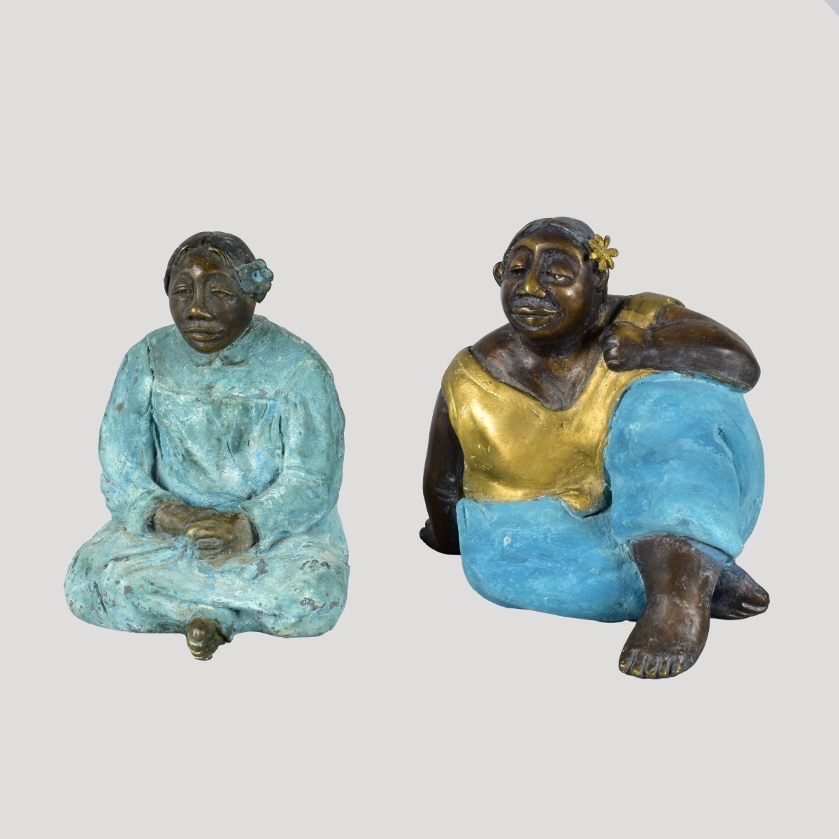 Two (2) Bronze Polynesian Women signed