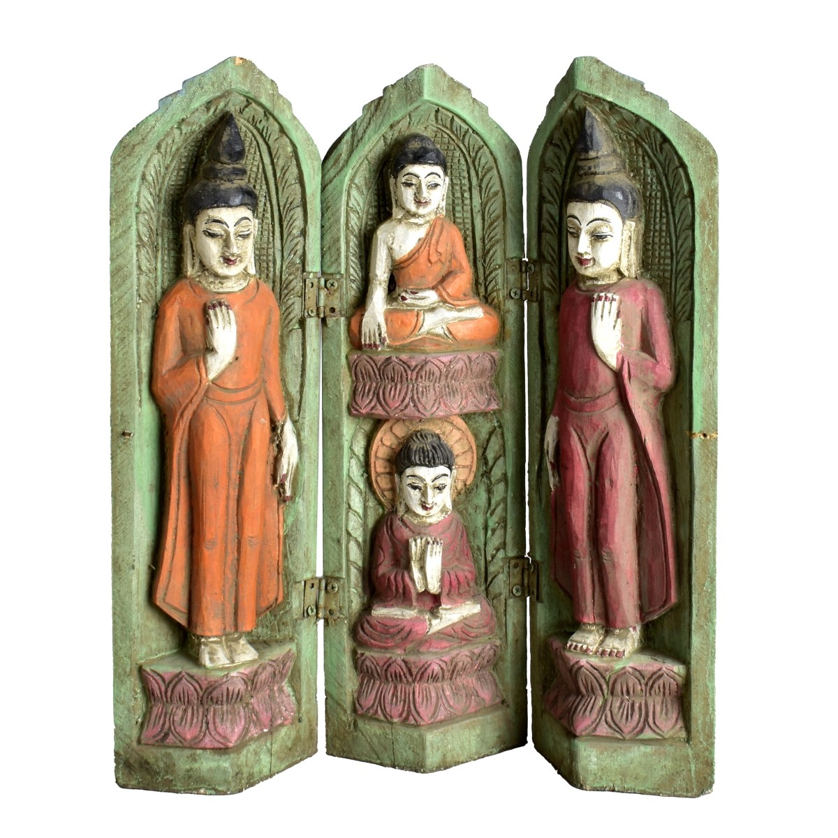 India Wood Carved Buddha Triptych