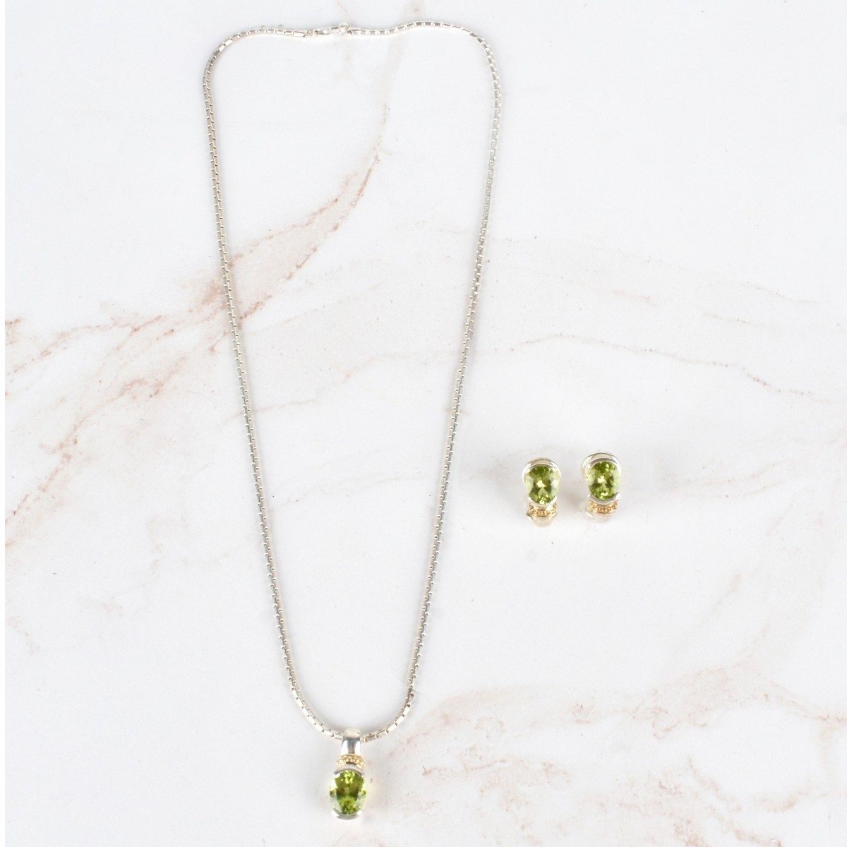 Peridot, 18K and Silver Necklace & Earrings