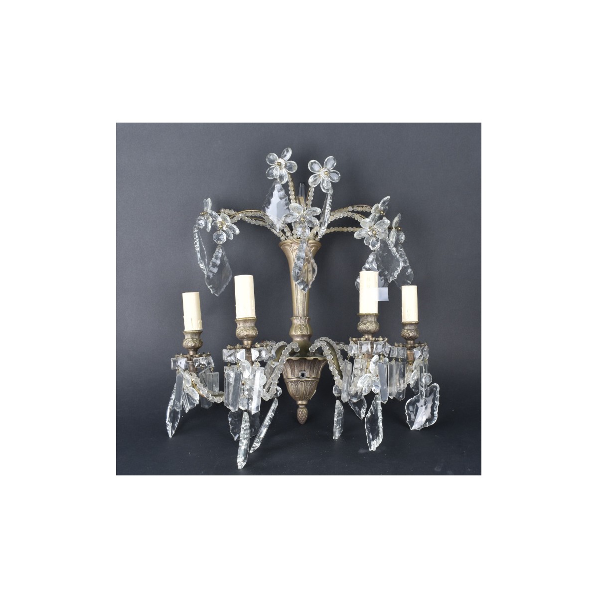 Pair Bronze & Crystal Sconces