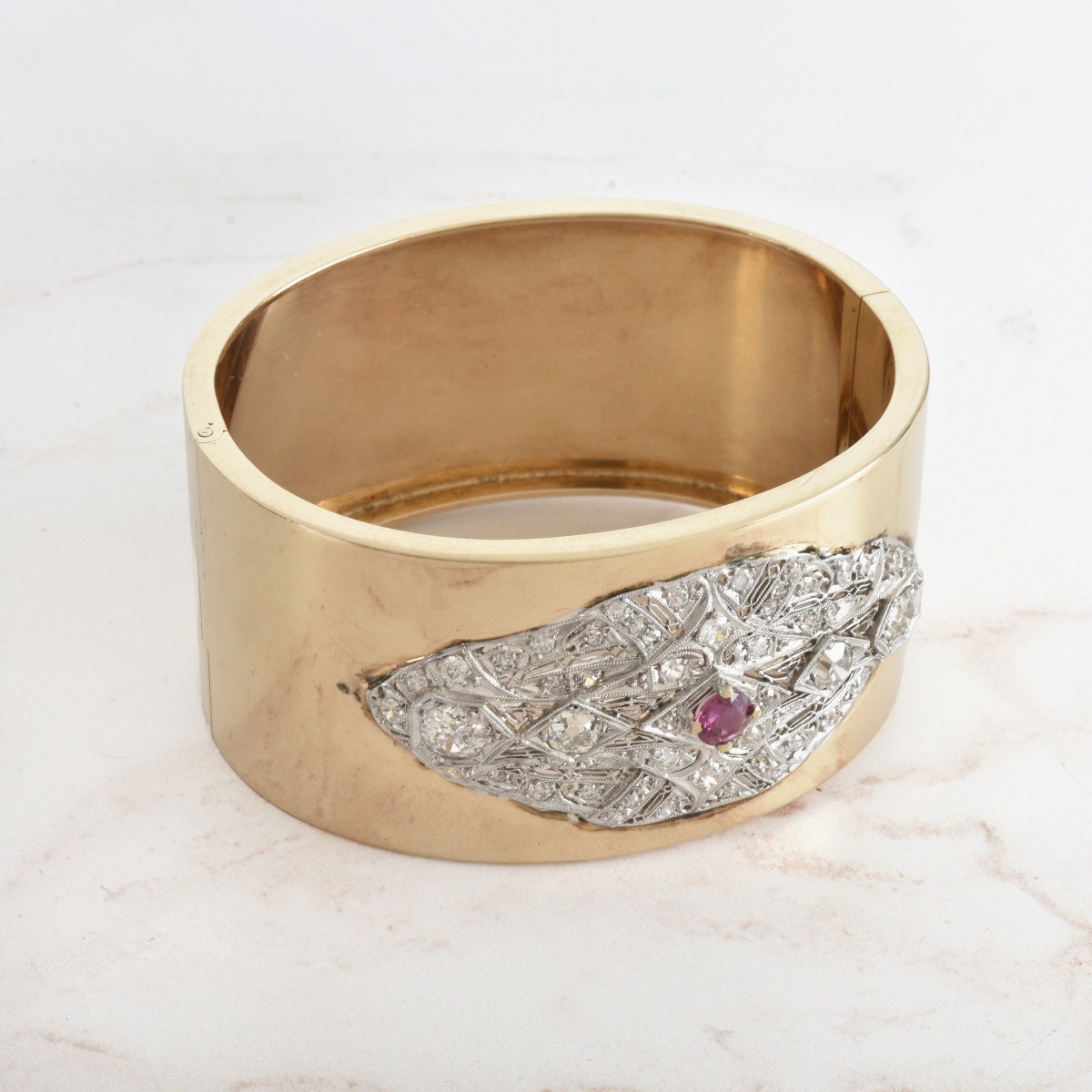 Diamond, Ruby and 14K Cuff Bangle