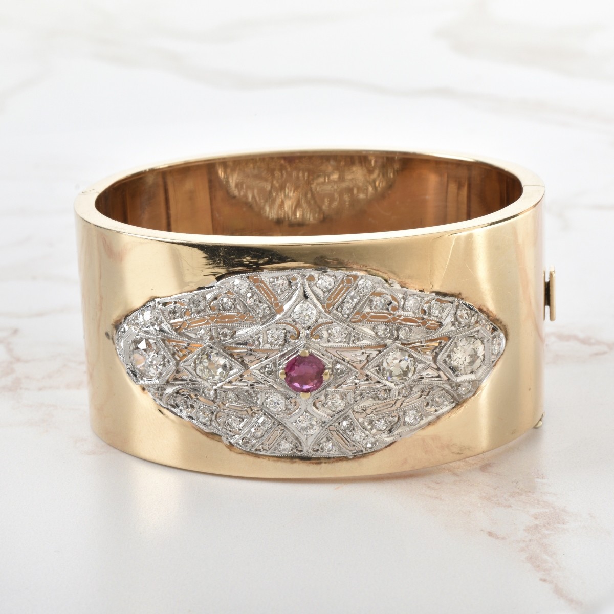 Diamond, Ruby and 14K Cuff Bangle