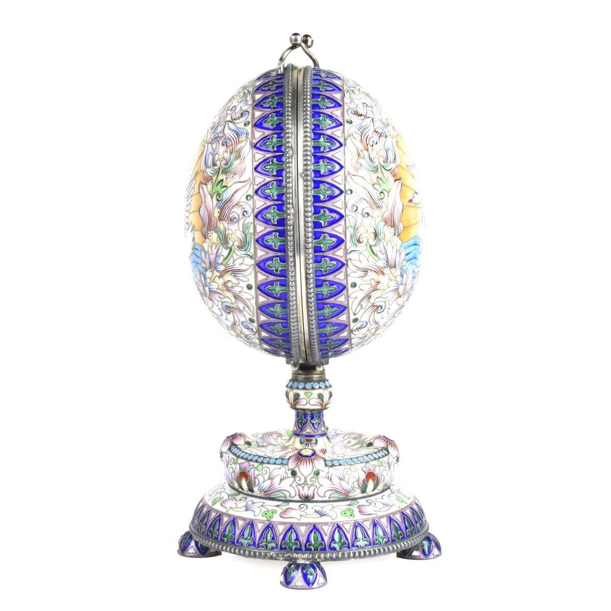 Russian Enamel Silver Gilt Egg on Stand